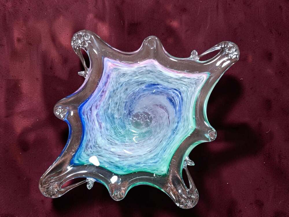 Vntg Murano Style Art Glass Hand Blown Stretched Star Bowl Pink Green Blue Swirl